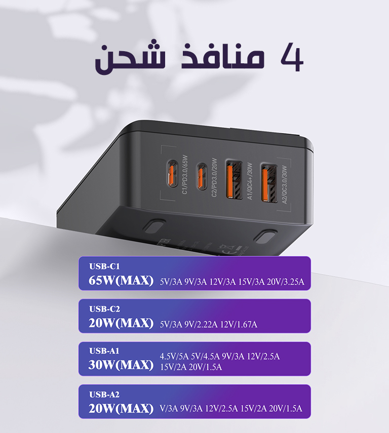 محطة شحن مكتبي فائف السرعة من لدينو A4808Q 65W